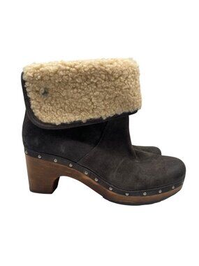 UGG Australia Lynnea Gray Taupe Suede Leather Sherpa lined Clog Booties Women9